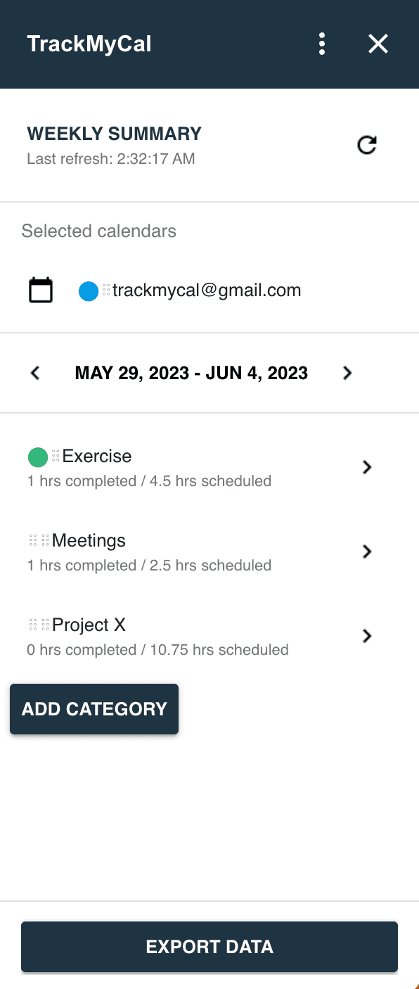 A screenshot of the TrackMyCal user interface.